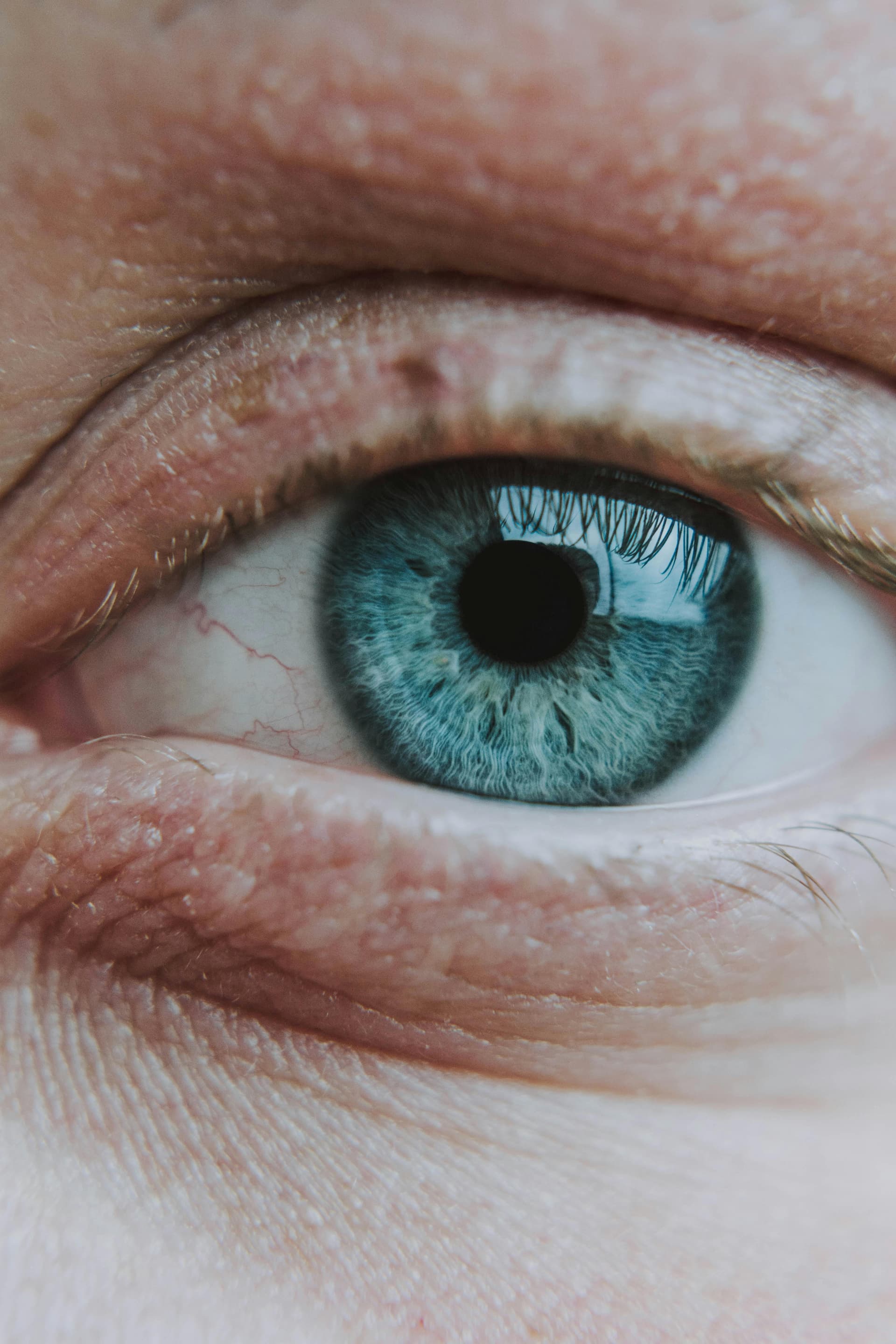 Close-up of a blue eye with visible eyelashes and skin texture.